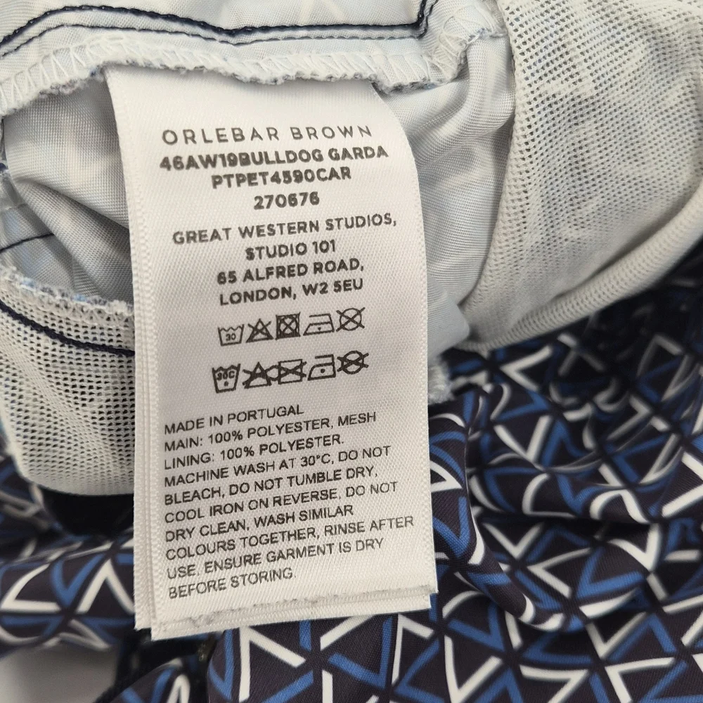 Orlebar Brown Bulldog Garda Swim Shorts Blue/White Geometric Print Tailored Fit - Picture 13 of 13